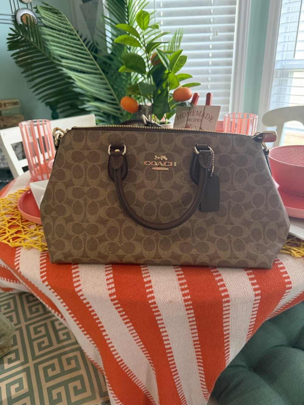 Coach Brown Signature Canvas Satchel with Dark Leather Trim